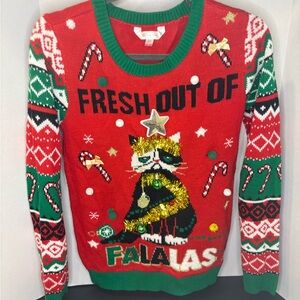 No Boundaries Red and Green Festive Cat Sweater
